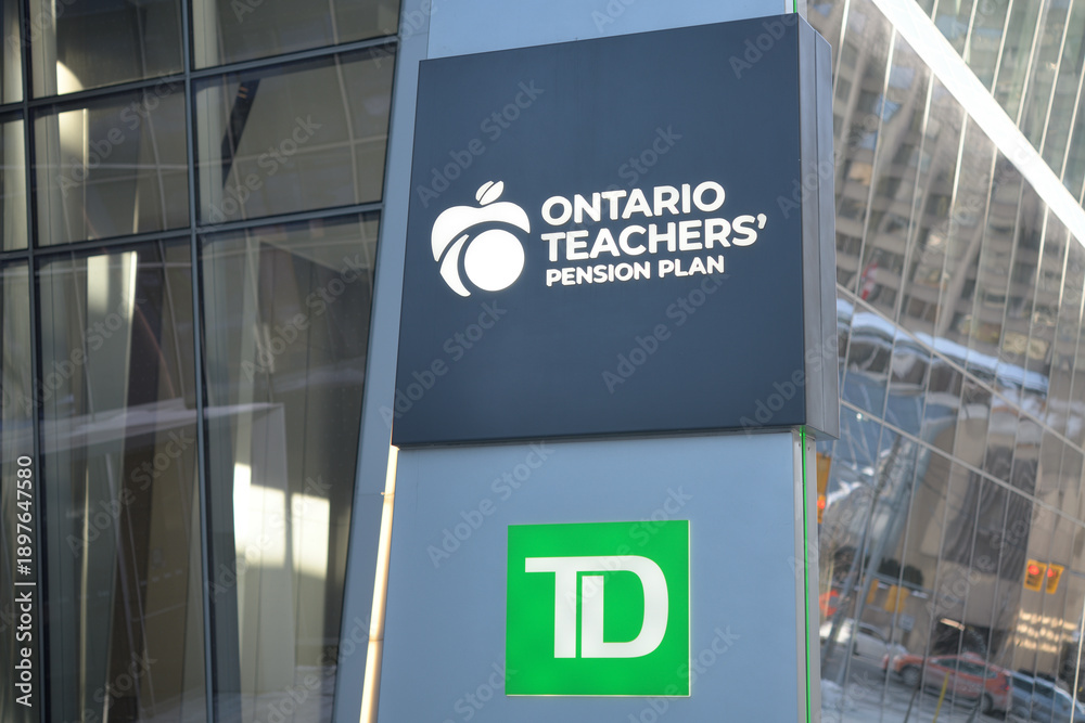 Obraz premium pylon sign outside 160 Front St W, site of TD Terrace, Toronto - Ontario Teachers' Pension Plan & TD corporate logo