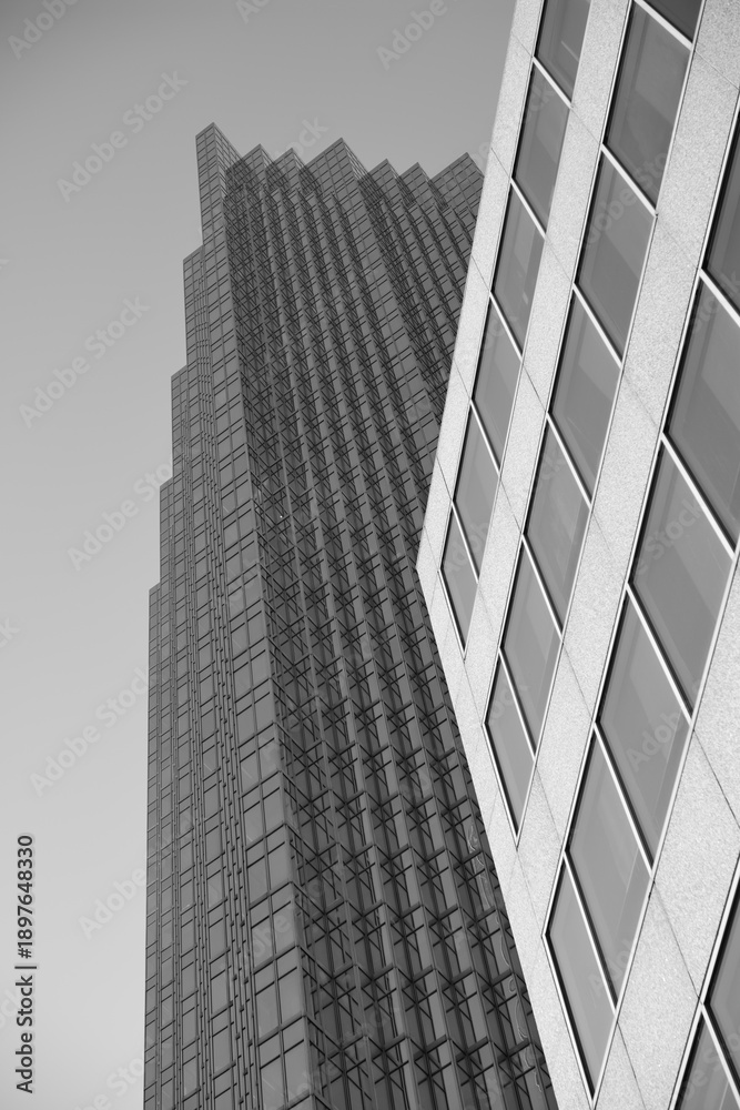 Fototapeta premium black and white view of Royal Bank Plaza, south tower, and flat geometric side of Brookfield Place, Toronto
