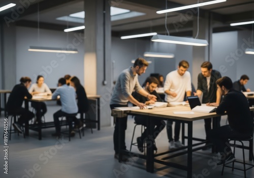 Diverse team collaborating on a project in a modern, open-plan office space