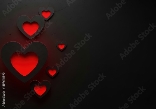 Abstract glowing red hearts on a dark textured background, symbolizing love and passion