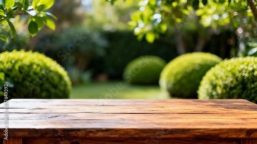 Wooden table in garden with trimmed bushes