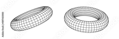 Monochrome Wireframe Grid Shape. Abstract 3D Torus Shape