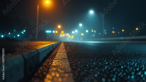 A nighttime video captures a wet road with blurred streetlights in the background