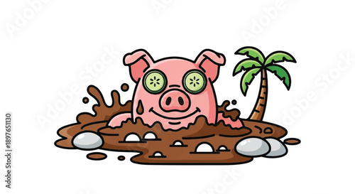 Happy Pink Pig Relaxing in a Mud Pool with Cucumber Slices on Eyes, Spa and Self Care Concept