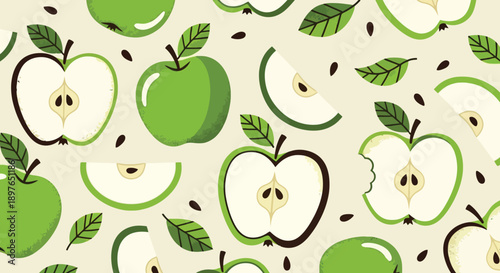 Green Apple Pattern with Whole and Sliced Fruit.