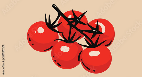 Vibrant red cherry tomatoes on a vine, fresh and ripe produce.