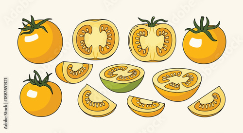 Vibrant Hand-Drawn Yellow Tomatoes and Slices Illustration.