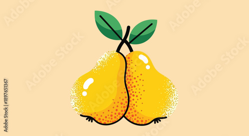Two vibrant yellow pears with green leaves, a delightful fruit illustration.