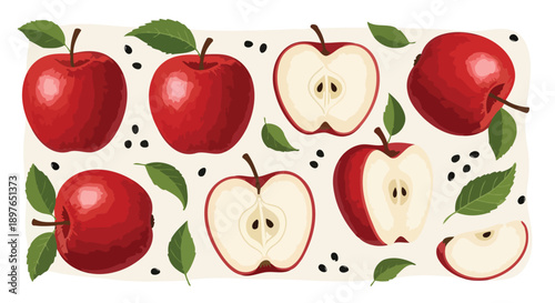 Vibrant Red Apples and Slices with Green Leaves.