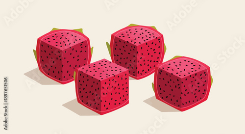 Four vibrant red cube-shaped dragon fruits with tiny black seeds.