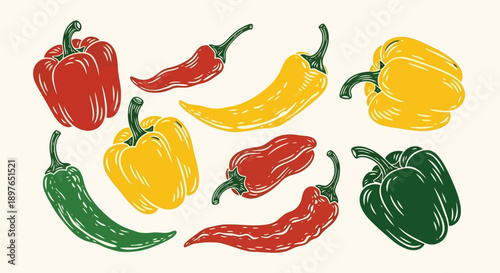 Vibrant Assortment of Fresh Bell Peppers and Chili Peppers.