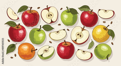Vibrant Assortment of Fresh Whole and Sliced Apples with Seeds and Leaves.