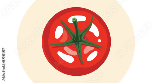 Vibrant red tomato with green stem, fresh and ripe produce.
