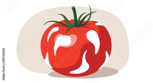 Vibrant Red Tomato with Green Stem and Leaves.