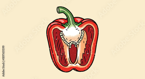 Detailed cross-section illustration of a vibrant red bell pepper revealing its inner structure.
