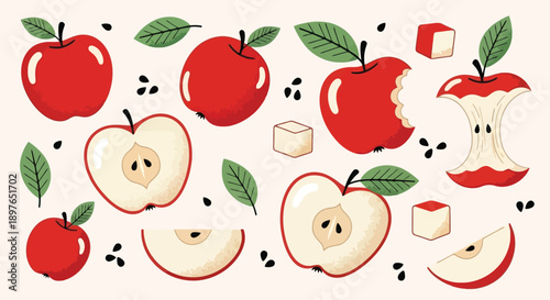 Vibrant Red Apples Whole Sliced and Bitten with Leaves and Seeds.