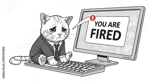 Sad Business Cat Employee Getting Fired Notification on Computer Screen Illustration