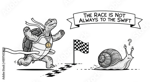 Motivational Tortoise Turtle Winning Race Against Snail Finish Line Concept Illustration