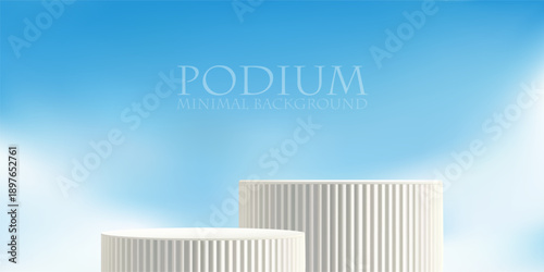 Beauty podium on sky blue background. Cosmetic platform on heaven. Product white box, 3d cloud studio. Soft cylinder pillar summer scene. Natural pastel aesthetic stand of two geometric ribbed bases