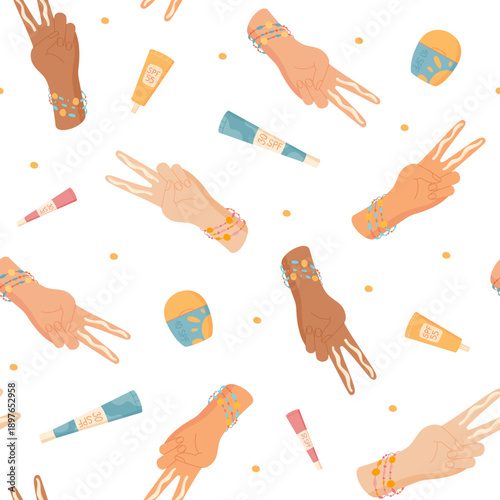 Flat seamless pattern with two finger rule hand shape, sunscreen cream, spf tube, woman, lotion, body on background. Seamless pattern shows summer sun care, skin protection, cosmetic use, modern style