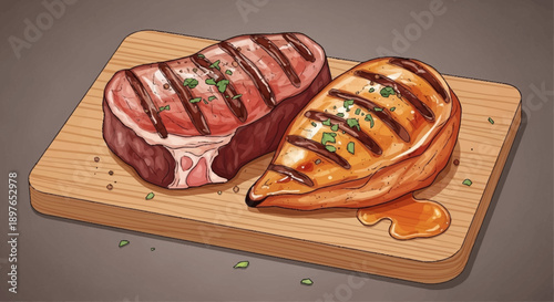 Grilled steak and chicken breast on a wooden cutting board.