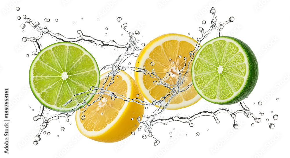 Fototapeta premium Citrus fruits lemon lime splashing water transparency background