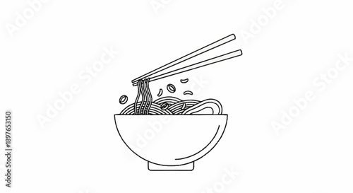 Delicious bowl of noodles being lifted by chopsticks.