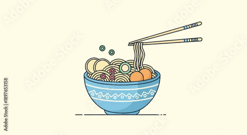 Delicious bowl of noodles with chopsticks illustration.