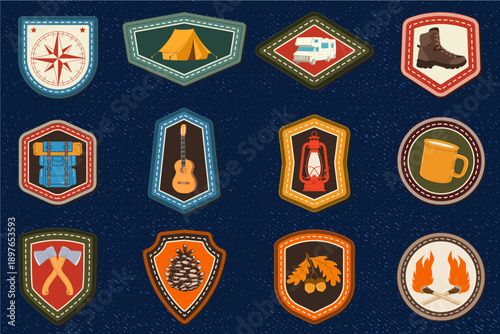 Set of Scout badge with compass, camping mug, pine cone, travel backpack, crossed axes. Vector. Merit patch, sticker for camping outdoor and academic activities