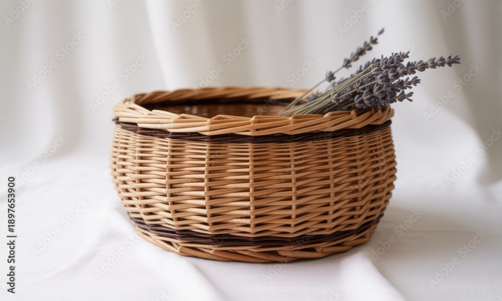 Obraz premium A handwoven wicker basket with sprigs of dried lavender against a white fabric backdrop