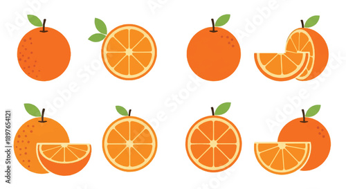 Orange fruit icons set with leaves and various slice configurations