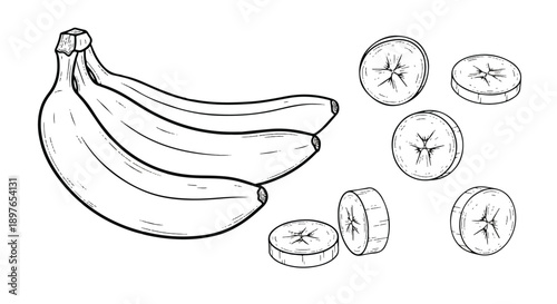 Hand drawn banana bunch with sliced pieces in vintage black and white engraving style for organic food design