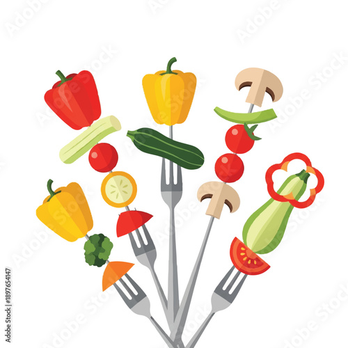 Grilled vegetable skewers on silver forks featuring peppers zucchini mushrooms and tomatoes for vegetarian dining