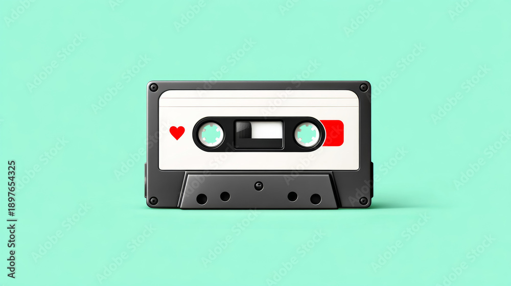 Fototapeta premium Retro cassette tape with heart design on turquoise background for music lovers