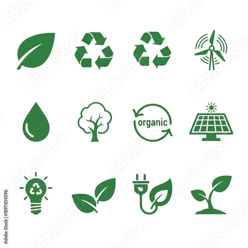 Set of ecological symbols and icons for environmental protection and sustainable energy concepts