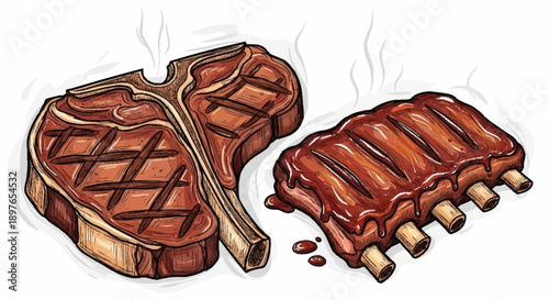 Grilled T Bone Steak and Barbecue Ribs Illustration.