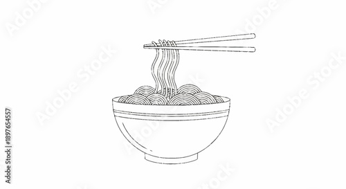 Hand drawn illustration of noodles being lifted with chopsticks from a bowl.