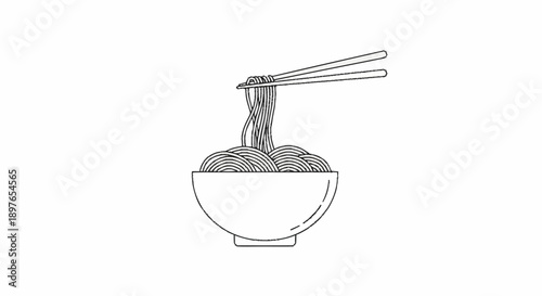 Hand drawn illustration of noodles being lifted with chopsticks from a bowl.