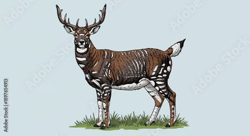 Illustration of a Bongo antelope standing in grassy field.