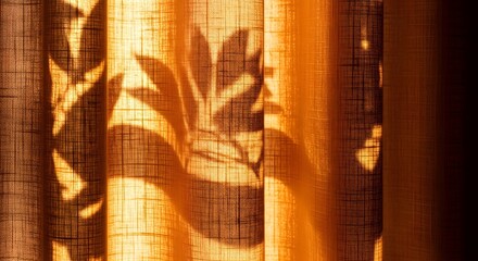 Golden sunlight casting abstract plant shadows on a textured orange curtain creating a warm serene indoor atmosphere