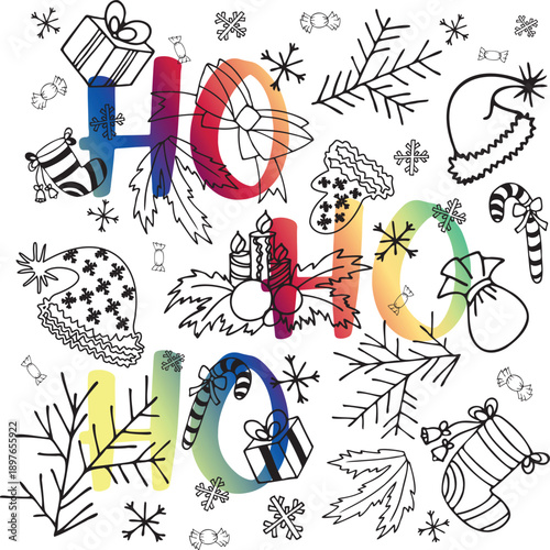 Playful winter vector illustration with hand-drawn doodle style Christmas elements and colorful “HO-HO-HO” lettering. 