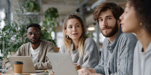 Diverse young team collaborating in modern workspace.