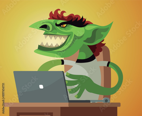 evil green troll using a computer for trolling on internet