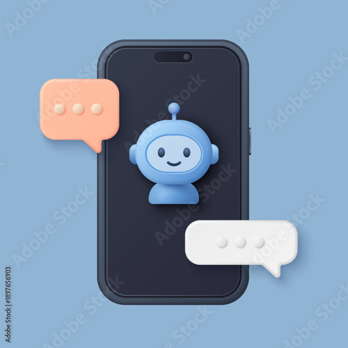 Cute 3d robot chatbot appears on a smartphone display with colorful speech bubbles, representing digital assistant and online messaging technology vector illustration