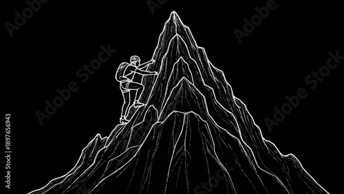 Man climbing steep mountain peak illustration.