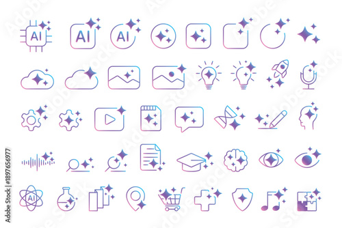 Modern generative AI icon set with gradient line style, featuring symbols for music, image, magic, stars, chat, and automation, ideal for digital tools and branding vector illustration