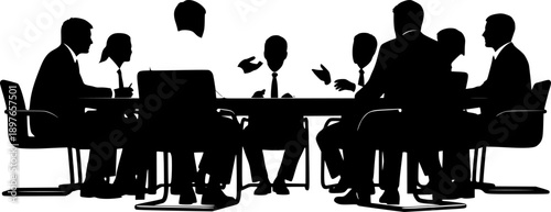Vector illustration of business meeting presentation with team discussion, corporate people silhouette, manager explaining strategy on board, office teamwork collaboration concept in black and white