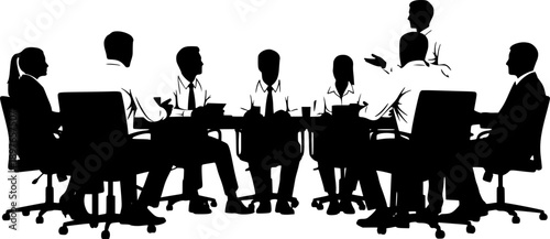 Vector illustration of business meeting presentation with team discussion, corporate people silhouette, manager explaining strategy on board, office teamwork collaboration concept in black and white