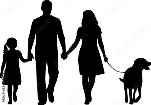Happy family walking in nature with kids and dog, outdoor silhouette scene, bonding, parenting love,