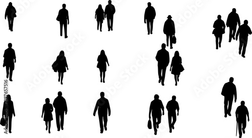 CAD Drawings. Top view of silhouette people holding shopping bags, walking or standing isolated on white background. Vector illustration.